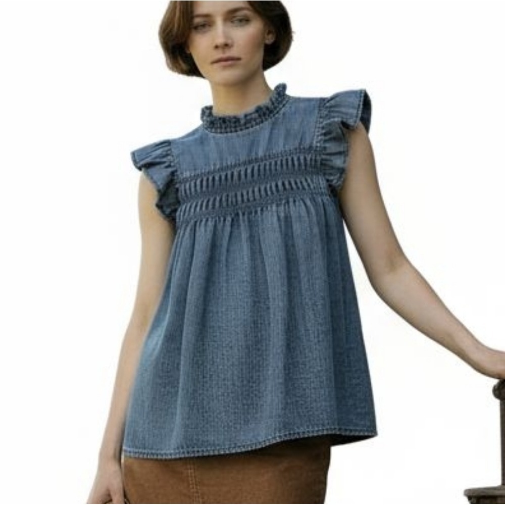 NWT For The Republic Denim Ruffle‎ Top S Blue Acid Wash Boho Chic Western